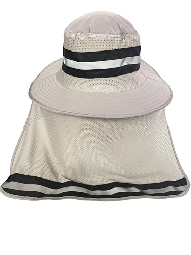 Men's Wide Brim Boonie Bucket Sun Hat with Neck Flap, High Visibility Reflective Stripes, UV Protection - color: Light Grey