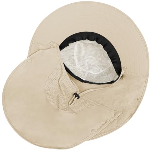 Rosoz Sun Hat for Men Women with Neck Flap,Wide Brim UPF50+ Fishing Hat with Detachable Face Cover Outdoor Sun Protection Hat - color: 1pack-beige