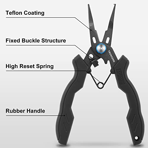 TRUSCEND Easy Use Lockable Fishing Pliers with Tungsten Carbide Cutter, Innovative Ergonomic Handy Handle, Saltwater Corrosion Resistant Teflon Coated Fishing Tool, Light Multi-Function Fishing Gear - color: E1-black