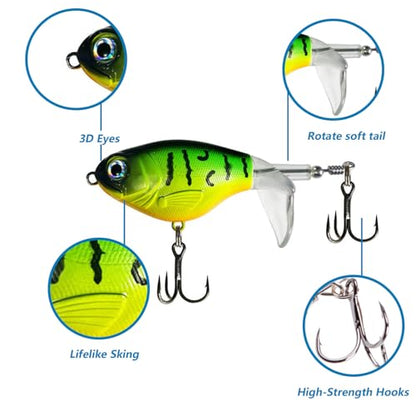 10Pcs Top Water Fishing Lures with Floating Rotating Tail Whopper Fishing Lure for Bass Barb Treble Hooks in Saltwater Freshwater Plopping Lures Kit