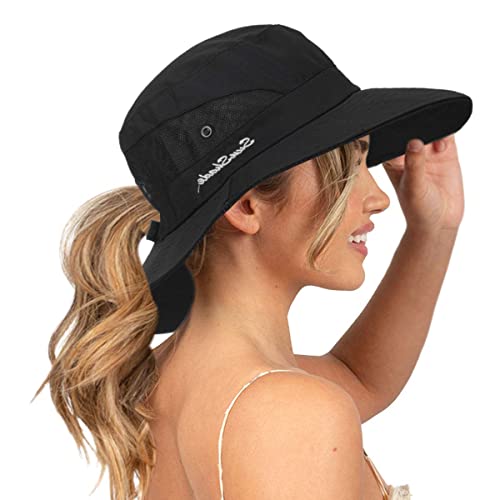 Sun Hat for Women Summer UV Protection Beach Hat Wide Brim Mesh Bucket Fishing Hat with Ponytail Hole Foldable Packable Hat - color: Black(with Ponytail Hole)