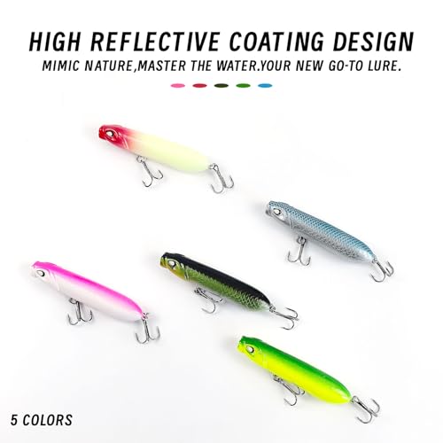 5Pcs Pencil Popper Topwater Fishing Lures Floating Hard Bait with Box for Bass Walleye Pike Catfish Musky Perch 3.15in/0.35oz