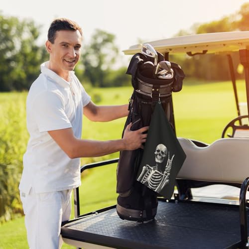 Skull Golf Towel Microfiber with Carabiner Clip, Funny Skeleton Cleaning Cloth for Golf Balls & Clubs, Gift for Women Men, Golfers, Dad, Grandpa, Bag Accessories 16"*24" - color: Skull