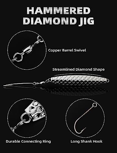 BLUEWING Hammered Diamond Jig Fishing Lures for Saltwater 3oz, 5oz, 8oz, 10oz, 12oz, 16oz Deep Sea Sinking with Stainless Steel Hook, 1pc - color: Chrome, size: 5oz