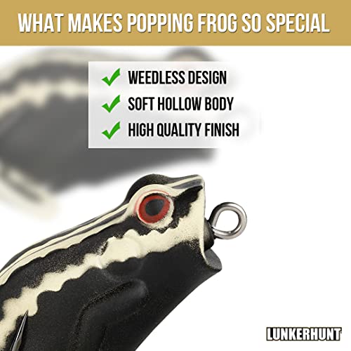 Lunkerhunt Frog Fishing Lure for Bass Fishing | Popping Frog Lure 1/4 oz | Topwater Fishing Bait with Weedless Hooks, Hollow Body, Trout Pike Lures - color: Bark, size: 2.25 inch