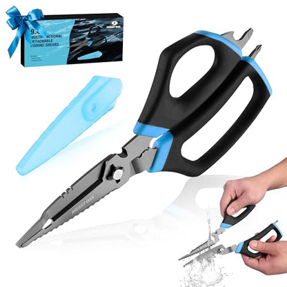 Mossy Oak 9.4" Fishing Shears, Detachable Multifunctional Large Scissors | for Braid, Mono & Fluorocarbon Line & Bait, with Scaler, Hook Remover, Bottle Opener & Sheath