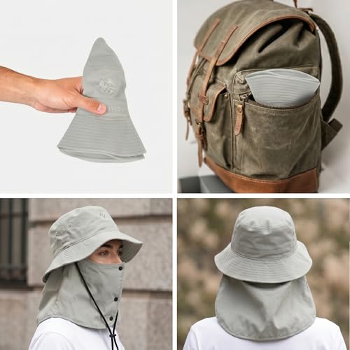 Bucket Hat for Men Women,Waterproof Sun Hat UV Protection with Detachable Face Neck Flap for Outdoors - color: Grey