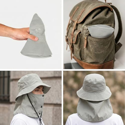 Bucket Hat for Men Women,Waterproof Sun Hat UV Protection with Detachable Face Neck Flap for Outdoors - color: Grey