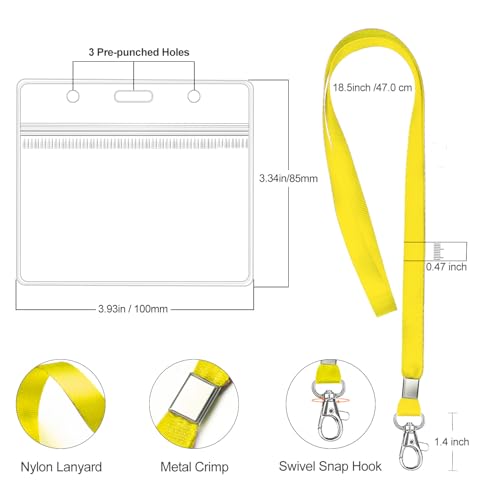 Clear ID Badge Holder with Lanyard, Yellow, 6PCS | Water Proof, Horizontal Display, Zipper Resealable, Identification Card Protector - color: Yellow - 6pcs