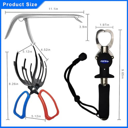3-Piece Fish Gripper Tool Kit – 3-Claw Fish Gripper, Stainless Steel Hook Remover & Fish Lip Gripper with 33LB Scale & 35" Measuring Tape – Corrosion-Resistant for Freshwater & Saltwater