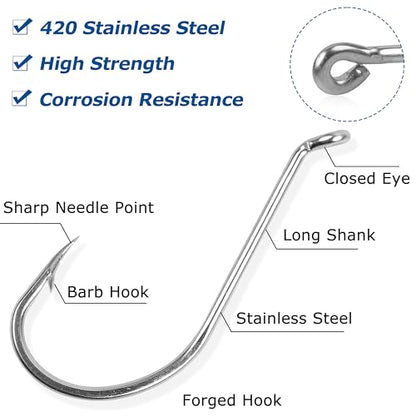 Octopus Beak Hooks, 60pcs Saltwater Circle Hooks Beak Offset Fishing Hooks Stainless Steel Fishing Jig Hooks Fishhook for Saltwater Freshwater 1/0-10/0 - size: 1/0 - 60pcs