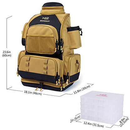 BASSDASH Fishing Tackle Backpack Water Resistant Tactical Bag Soft Tackle Box with Rod Holder and Protective Rain Cover - color: British Khaki Backpack [3670] With 4 Trays