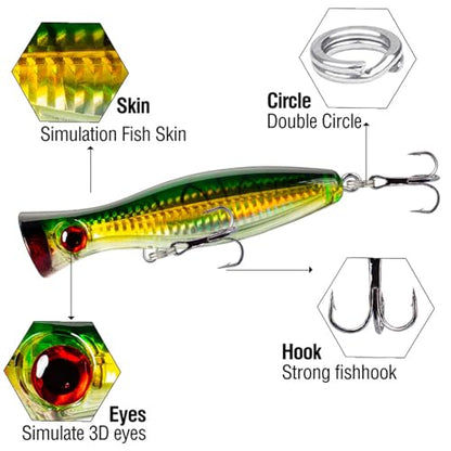 Large Top Water Popper, 4pcs 3D Eyes Tuna Popper, Saltwater Poppers Fishing Lures for Surf Fishing, Bluefish,Fishing Gt Tuna Kingfish Large Predator Fish (4.7IN) (4)
