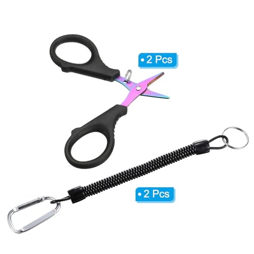 PATIKIL Fishing Scissors, 2 Pack Non-Slip Serrated Edge Scissors Fishing Braided Line Snips Fishing Line Cutter with Lanyard for Fishing Trimming, Colorful Titanium