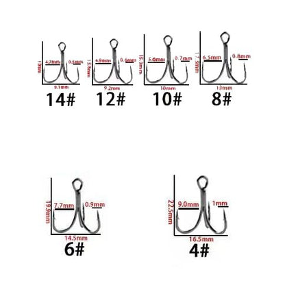 50pcs High Carbon Steel Fishing Treble Hooks - Super Sharp Solid Triple Barbed 3X Strong Professional V Design, Size 4/6/8/10/12/14, Saltwater and Freshwater Replacement Hooks - size: 3x-10#