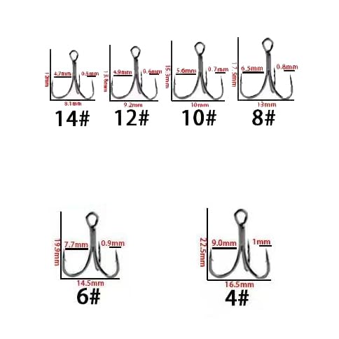 50pcs High Carbon Steel Fishing Treble Hooks - Super Sharp Solid Triple Barbed 3X Strong Professional V Design, Size 4/6/8/10/12/14, Saltwater and Freshwater Replacement Hooks - size: 3x-10#