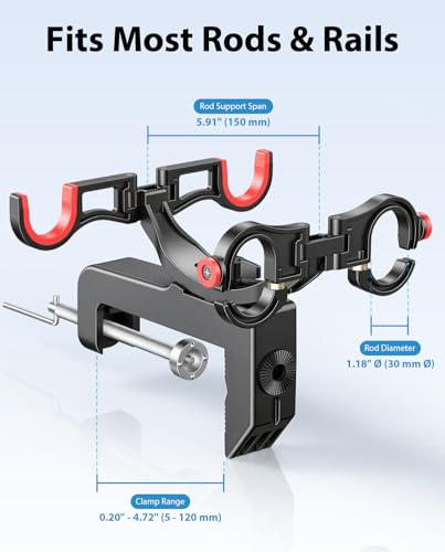 Clamp On Fishing Rod Holder for Boat Canoe Pontoon Kayak Dock | 360° Adjustable, Heavy Duty, Round & Square Rail Mount, Saltwater Safe - color: Dual Rod Holder- 2 Pack