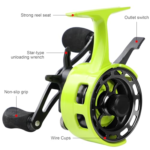 Ice Fishing Reels 3.2:1 Gear Ratio Ultra Smooth 3+1Ball Bearings Strength CNC-machined Aluminum Inline Ice Fishing Reel with Left/Right Hand Retrieve - color: Green-Left Hand Retreive
