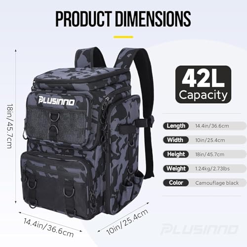 PLUSINNO Fishing Backpack with Fishing Gear Fish Net & Rod Holders Tackle Box, 42L Large Water-resistant Tackle Bag Store - color: Black Camouflage With Net