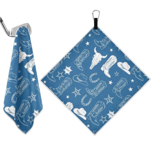 Western Cowboy Boot Blue Pattern Magnetic Golf Towel for Men, 17.7"x17.7" Golf Bag Towel with Carabiner Clip & Hidden Magnet, Heavy Duty Golf Club Cleaner - color: Western Cowboy Boot Blue