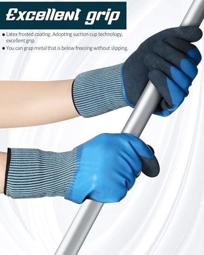 Mimorou 24 Pairs Waterproof Work Gloves Bulk for Men and Women Double Rubber Coated Non-slip Working Gloves for Gardening Outdoor Construction, Blue and Grey, XL