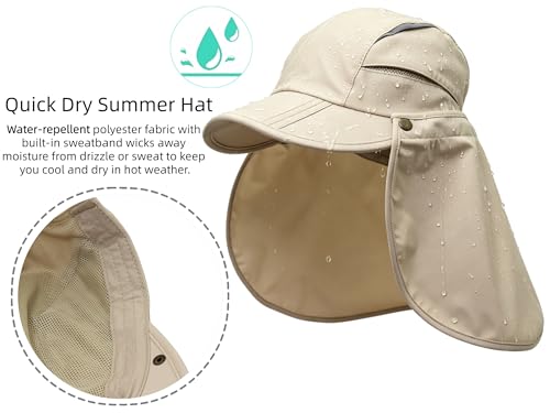 Men Women Safari Fishing Sun Cap with Removable Neck Flap UPF 50+ UV Protection Quick Dry Breathable Hats - color: Khaki