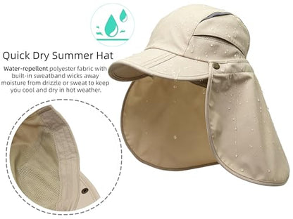 Men Women Safari Fishing Sun Cap with Removable Neck Flap UPF 50+ UV Protection Quick Dry Breathable Hats - color: Khaki