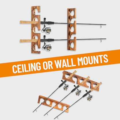PEKER Fishing Rod Holder for Wall, Solid Wood Wall Mount Fishing Rod Rack for 5 Poles, Secure Rod Storage Organizer for Garage, Fishing Room, Home – No Tangling & Space Saving