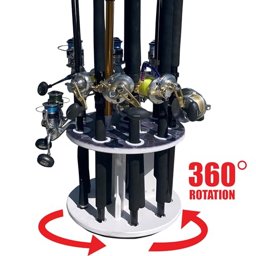 Rush Creek Creations Reel Salty Waterproof Marine Grade 16 Rolling Fishing Rod Holder Dock/Garage Storage Rack, Father's Day Gift, Gift for Dad and Grandpa, Gray/White, 29.8" L x 11.6" W x 30.9" H - style: Spinning Rod Rack