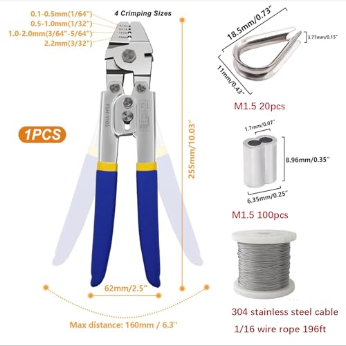 Wire Rope,Equipped with Crimping Pliers,1/16 Wire Rope, Aircraft Cable,304 Stainless Steel Cable,7x7 Strand Core 196FT,368lbs Breaking Strength - size: 1/16 inch 196FT