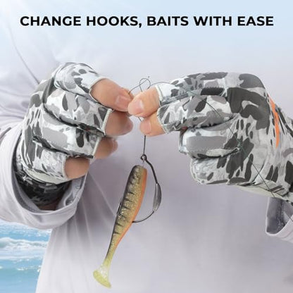 KastKing Agies Fishing Gloves Men, UPF 50+ Sun Gloves UV Protection, Cooling Quick-Dry 3/4 Fingerless Gloves with Extended Cuff, Microfiber Palm & Pull Tabs, for Fishing, Kayaking, Hiking, Hunting - color: X Camo-Gray, size: Small-Medium