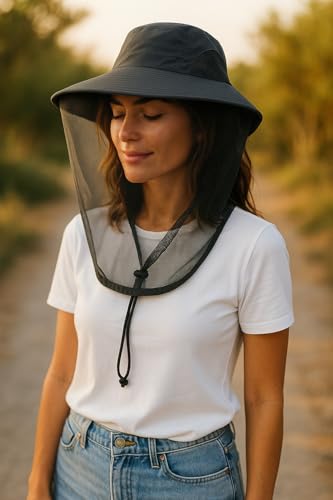 Mosquito Fishing Safari Mesh Net Hat with Neck Flap, Sun Protection Women Men Bug Cap, Hidden Netting Boonie - color: Black