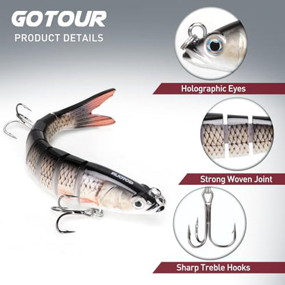 GOTOUR Jointed Swimbaits, Easy Catch Fishing Lures for Bass Trout Crappie | Wiggling Vibrating Rattling Gurgling for More Bites, Heavy-Duty Dyneema Fiber, Slow Sinking, Fresh & Saltwater Fishing Baits - color: A2-5.3"-0.9oz