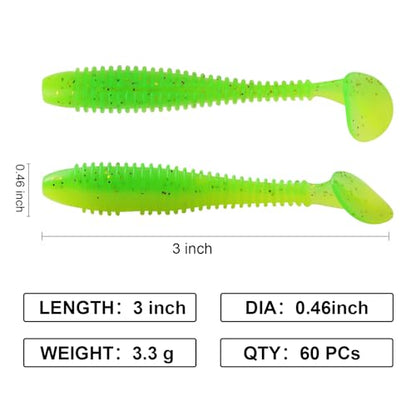 Paddle Tail Swimbaits, 2.5 inch/3inch Soft Lures Fishing Trout Crappie Bass for Freshwater and Saltwater 75PCS/60PCS - color: Green Bean, size: 2.5 inch, 75 PCs