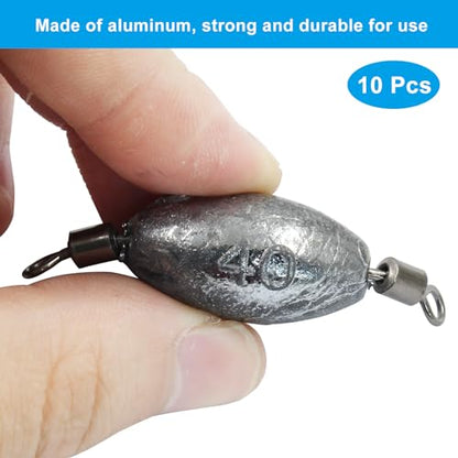 Uenhoy Fishing Weights Inline Trolling Fishing Sinker Tackle with Inner Swivels, Oval Drop Casting Fishing Weight Sinkers - size: 1.4 oz, 10pcs