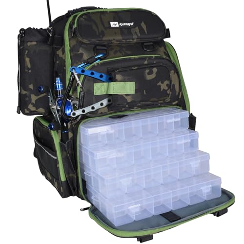 AYAMAYA 45L Fishing Backpack with 4 Tackle Boxes, Large Tackle Backpack with Rod Holders, Rubber Feet, Outdoor Multifunctional Fishing Bag Gear & Equipment for Camping, Hiking - color: Camo, 4 Tackle Boxes