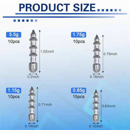 Nail Weights for Bass Fishing,45pcs Wacky Worm Weight Insert Sinkers Kit for Soft Plastic Lures, Neko Rig and Wacky Rig Pencil Sinker 0.875g 1.15g 1.75g 3.5g