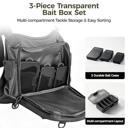 Fishing Chest Pack with 3 Bait Boxes, Fly Fishing Tackle Bag & Work Station - color: Black