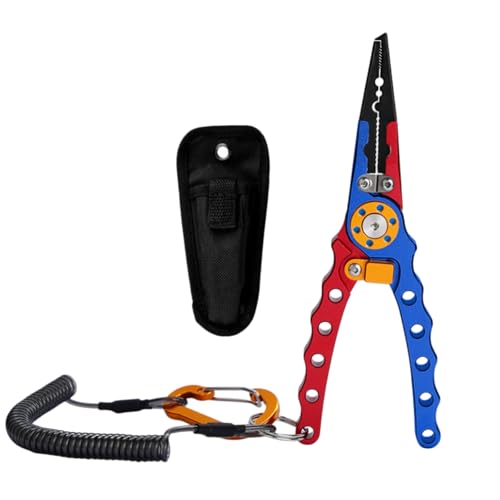 Fishing Pliers with Sheath and Lanyard, 5.8" Aluminum Alloy Hook Remover & Line Cutter, Saltwater Braided Line Cutters for Boat, Fly & Ice Fishing, Split Ring Pliers Tool (red-blue) - color: Red-blue