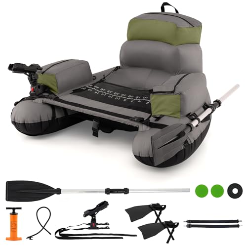 GYMAX Fishing Float Tube, 350LBS Inflatable Belly Boat with Oar, Flippers, Rod Holder, Fish Ruler, Hand Pump & Zipper Storage, Portable Backpack Float Tubes for Fishing - color: Gray+Green