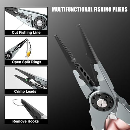 7.8" Lockable Saltwater Fishing Pliers, Aviation-grade Aluminum & Tungsten Cutters | Corrosion-Proof, with Replaceable Blades Set, Fishing Gear Gifts for Men, Adults, Kids