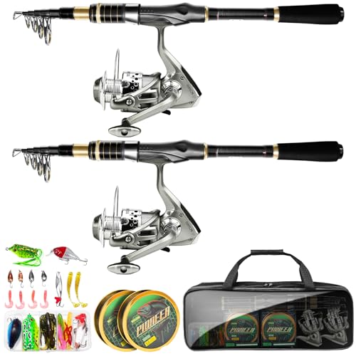Fishing Pole and Reel Combo - 2PCS Carbon Fiber Telescopic Rods Spinning Reels Saltwater/Freshwater Kit with Lures, Line and Carrier Bag, Travel Fishing Gear for Adults - color: Gold, size: 2.1M/6.89FT