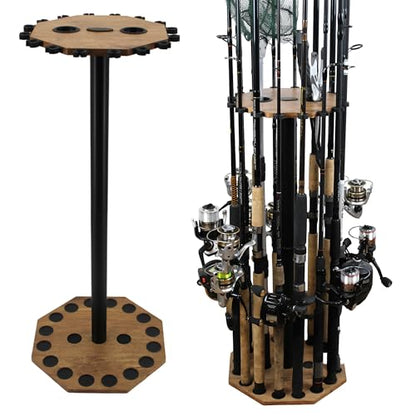 Rush Creek Creations 16-Rod Round Fishing Rod Holder for Garage, 360° Access Fishing Pole Holder for Fishing Rods, Reels, Gear, and Accessories, Securely Holds 16 Rods, Wood Grain - color: Wood Grain