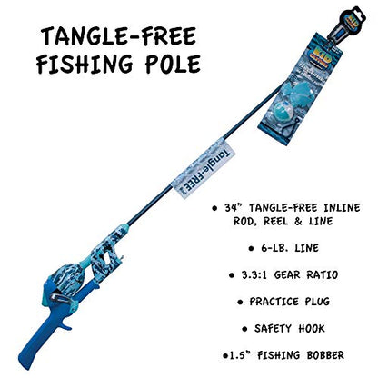 Kid Casters Tangle-Free Fishing Combo | Spincast Reel & Practice Casting Plug with Bobber | 34" Tangle-Free Combo | Pre-spooled 6-lb Line | Blue | Spincast Reel, Practice Casting Plug with Bobber, 34" Tangle-Free Combo, Pre-spooled 6-lb Line