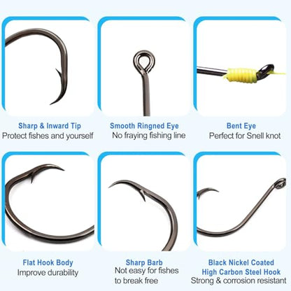 50Pcs Circle Hooks with Fishing Hook Remover, Super Sharp and Offset Catfish Octopus Circle Hooks for Saltwater and Freshwater, Nickel Coated High Carbon Steel, Sizes #1-8/0 - color: Black Nickel with Hook Remover, size: 5/0