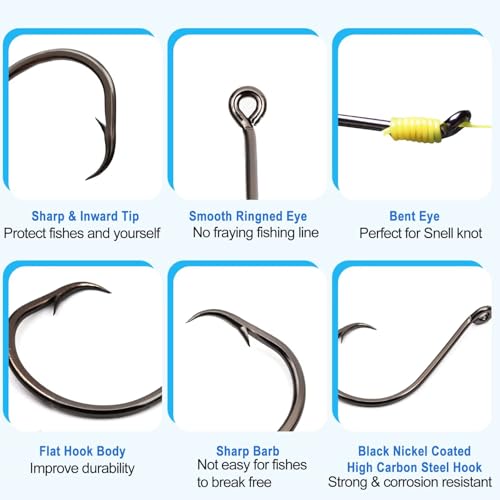 50Pcs Circle Hooks with Fishing Hook Remover, Super Sharp and Offset Catfish Octopus Circle Hooks for Saltwater and Freshwater, Nickel Coated High Carbon Steel, Sizes #1-8/0 - color: Black Nickel with Hook Remover, size: #2