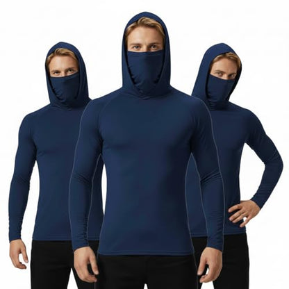 Men's 3 Pack UPF 50+ Sun Protection Hoodies, Long Sleeve UV Cooling Shirts with Face Cover - color: Blue, size: Small
