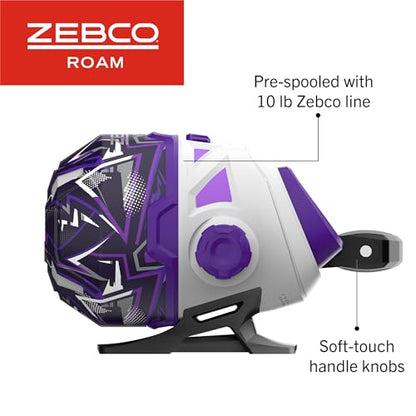 Zebco Roam Spincast Reel and Fishing Rod Combo, 6-Foot 2-Piece Fiberglass Fishing Pole with ComfortGrip Handle, Quickset Anti-Reverse Fishing Reel, Pre-Spooled with 10-Pound Zebco Line - color: Prism Purple