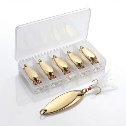 Fishing Spoons Lures for Bass Trout Salmon, 1/5oz Sliver Metal Spoon Lures for Saltwater Freshwater, 10Pcs Casting Spinner Bait Set with Durable Hooks for Lakes Rivers & Surf Fishing - color: Gold Tone Fishing Spoons 1/5oz,5 Pcs
