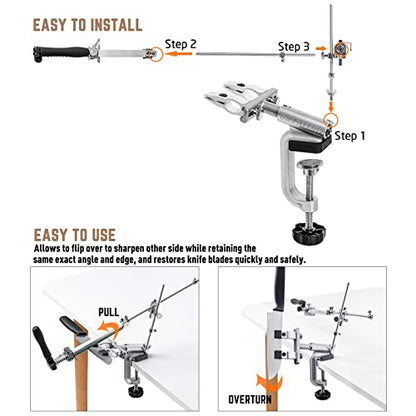 RUIXIN PRO RX-009 Professional Knife Sharpener with 10 Whetstones, 360° Rotation Flip Design Fixed-Angle Aluminum Alloy Kitchen Chef Knife Sharpening Kit Abrasive Holding System Tools